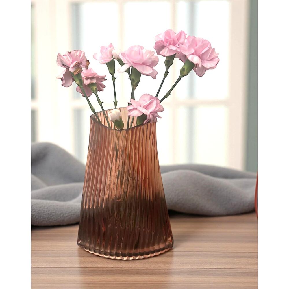 Vintage 1960s Pink Ribbed Glass Vase Made in Japan 10” Tall Mid Century Modern